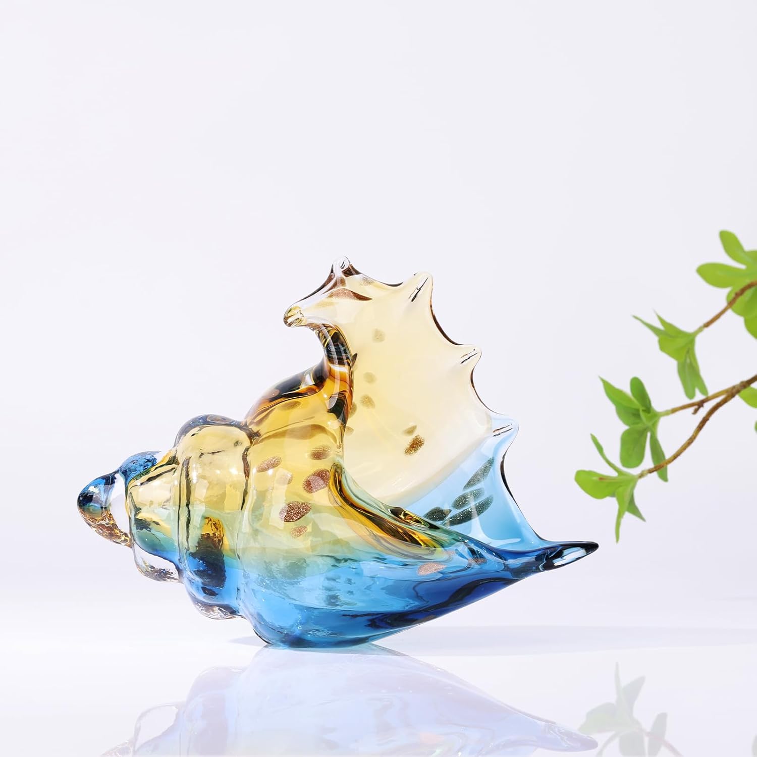 Hand Blown Glass Conch Statues, Blue and Amber Glass Art Figurines, Conch Shells for Coastal Home Decor, Living Room TV Stand and Bookcase Decor, Bathroom Shelf Tops and Cabinet Decor.