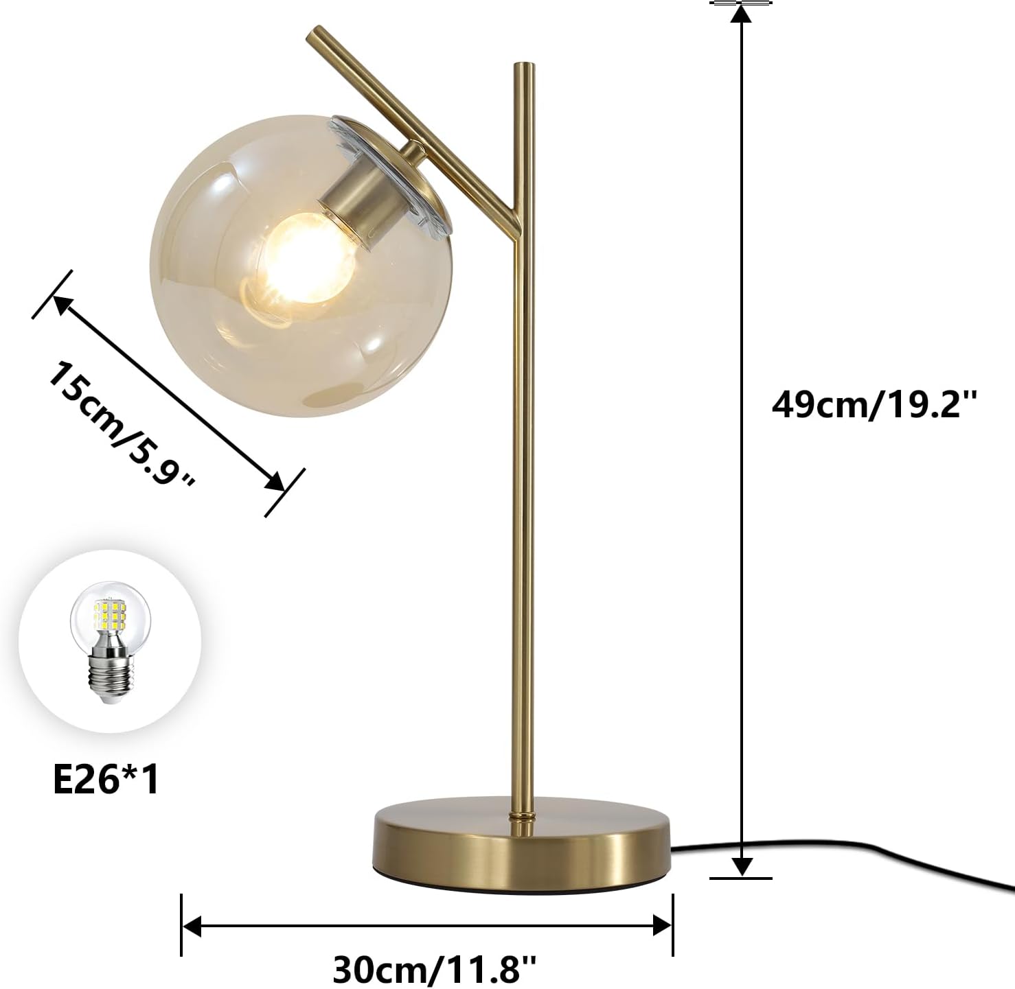 Mid Century Modern Table Lamp, Gold Globe Nightstand Lamp with Cognacs Glass Shade, Metal Brass Desk Lamp for Bedroom Living Room Study Room
