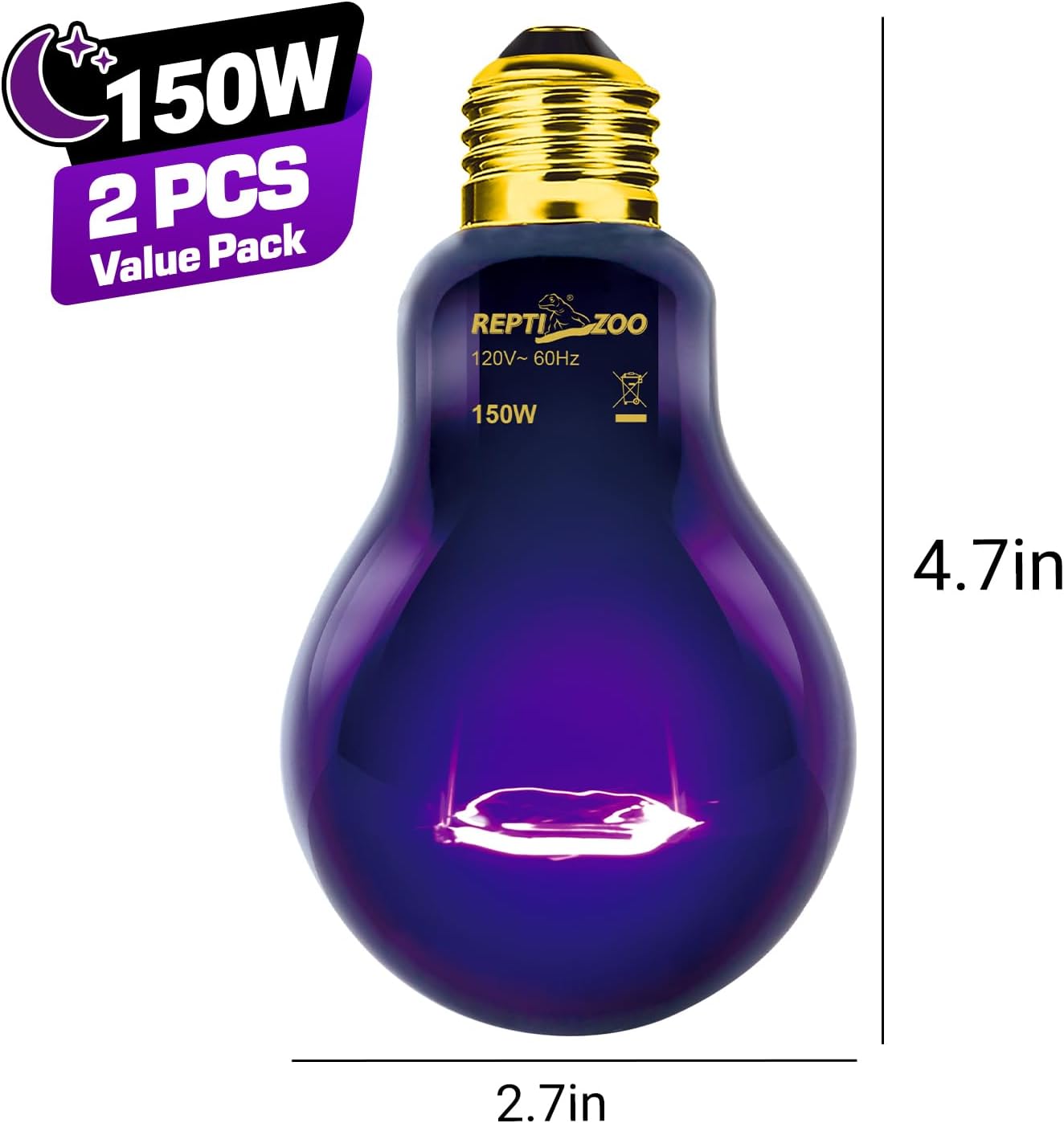 REPTI ZOO 2PCS Reptile Heat Lamp, 150W Night Heat Bulb Moonlight Bulb Purple Infrared Heating Lamp Simulate Natural Moonlight Night Heat Bulb for Reptile Amphibian