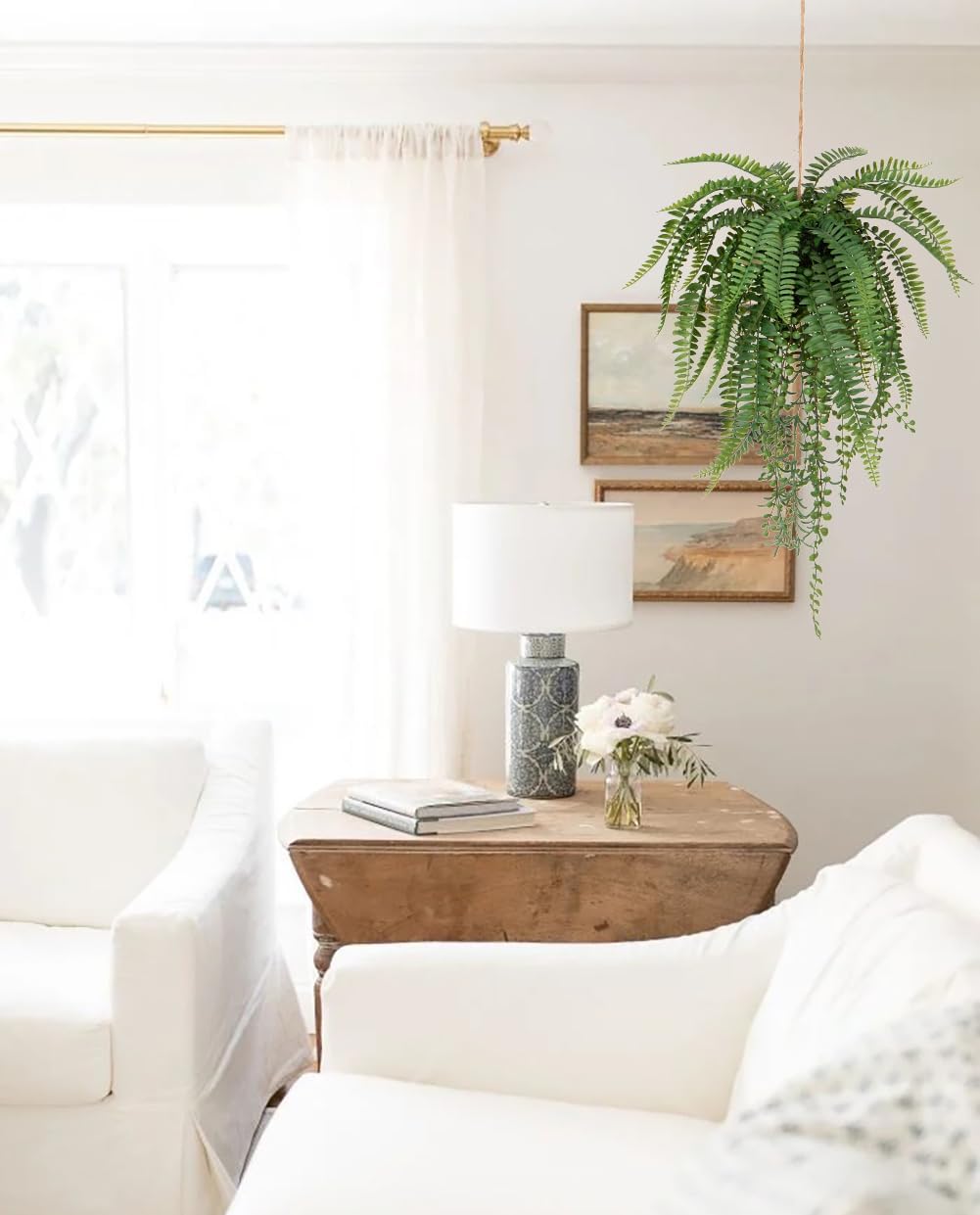 Large Fake Hanging Plants Mixed Fern Faux Hanging Plants Realistic Fake Plants with Hemp Rope Moss Artificial Hanging Plants Indoor for Home Bedroom Bathroom Porch Wall Window Sill Decor