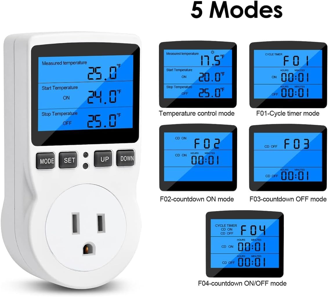 Diymore Digital Temperature Controller Outlet, 120V 15A Thermostat Socket with Heating Cooling Control, Celsius Fahrenheit Display, White