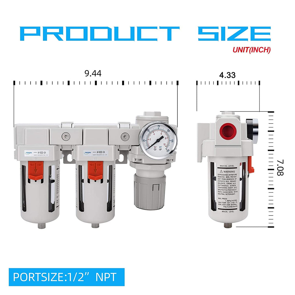 NANPU 1/2" NPT Air Drying System - 5 Micron Particulate Filter, 0.01 Micron Coalescing Filter, Air Pressure Regulator Combo - Semi-Auto Drain, Poly Bowl w/Metal Gauge
