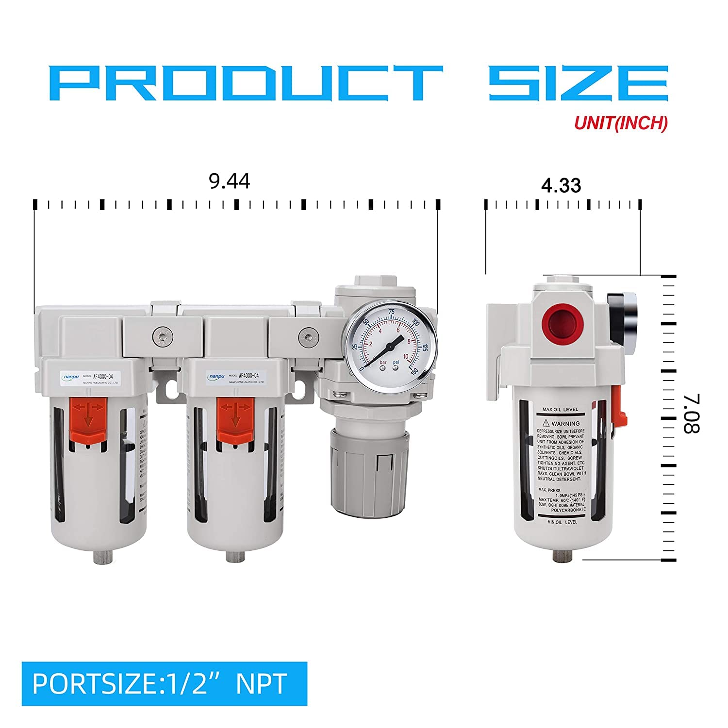 NANPU 1/2" NPT Air Drying System - 5 Micron Particulate Filter, 0.01 Micron Coalescing Filter, Air Pressure Regulator Combo - Semi-Auto Drain, Poly Bowl w/Metal Gauge