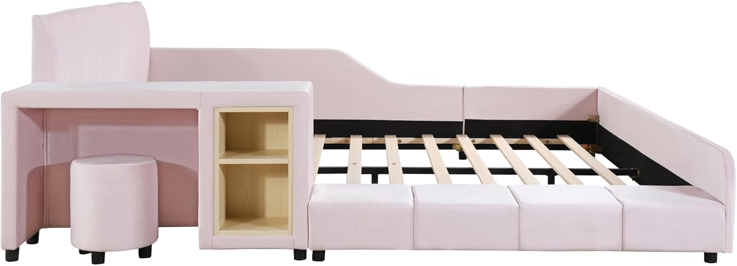 Merax Queen Size Upholstered Plush Velvet Pink Mother and Baby Bed with Large Cushioned Ground Bed, Bedside Table,and Round Stool,Pink