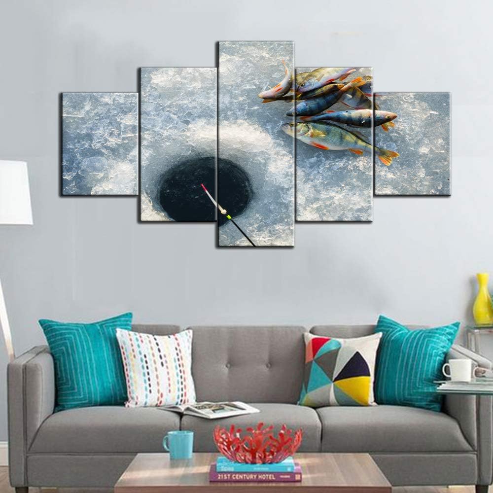 Contemporary Wall Art Ice Fishing Pictures Fish Tackle Paintings Multi Panel Prints on Canvas White Artwork Living Room House Decorations Framed Gallery-Wrapped Ready to Hang(60''W x 32''H)