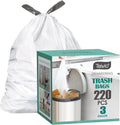 3 Gallon 220pcs Strong Drawstring Trash Bags Garbage Bags by Teivio, Bathroom Trash Can Bin Liners, Small Plastic Bags for home office kitchen, White