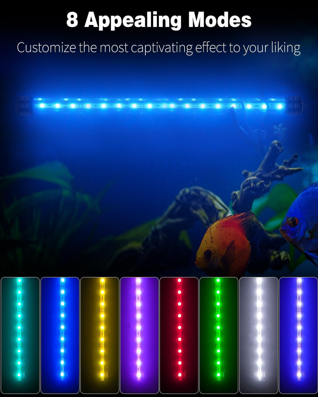 Pawfly 4.2 W Aquarium LED Light 15.2 Inch Underwater Fish Tank Light with Timer Auto On/Off Fish Tank Background Lights with 8 Lighting Modes Submersible Multi-Colored Tube Lights for Decoration