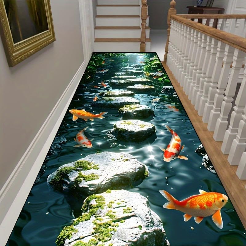 3D River Scenery Long Hallway Rug Runners, 4x10ft, Creek Koi Entrance Rug, Breathable Foldable No Crease Durable Rug, Low Pile Non-Shedding Anti-Slip Area Rug for Porch Indoor Sofa