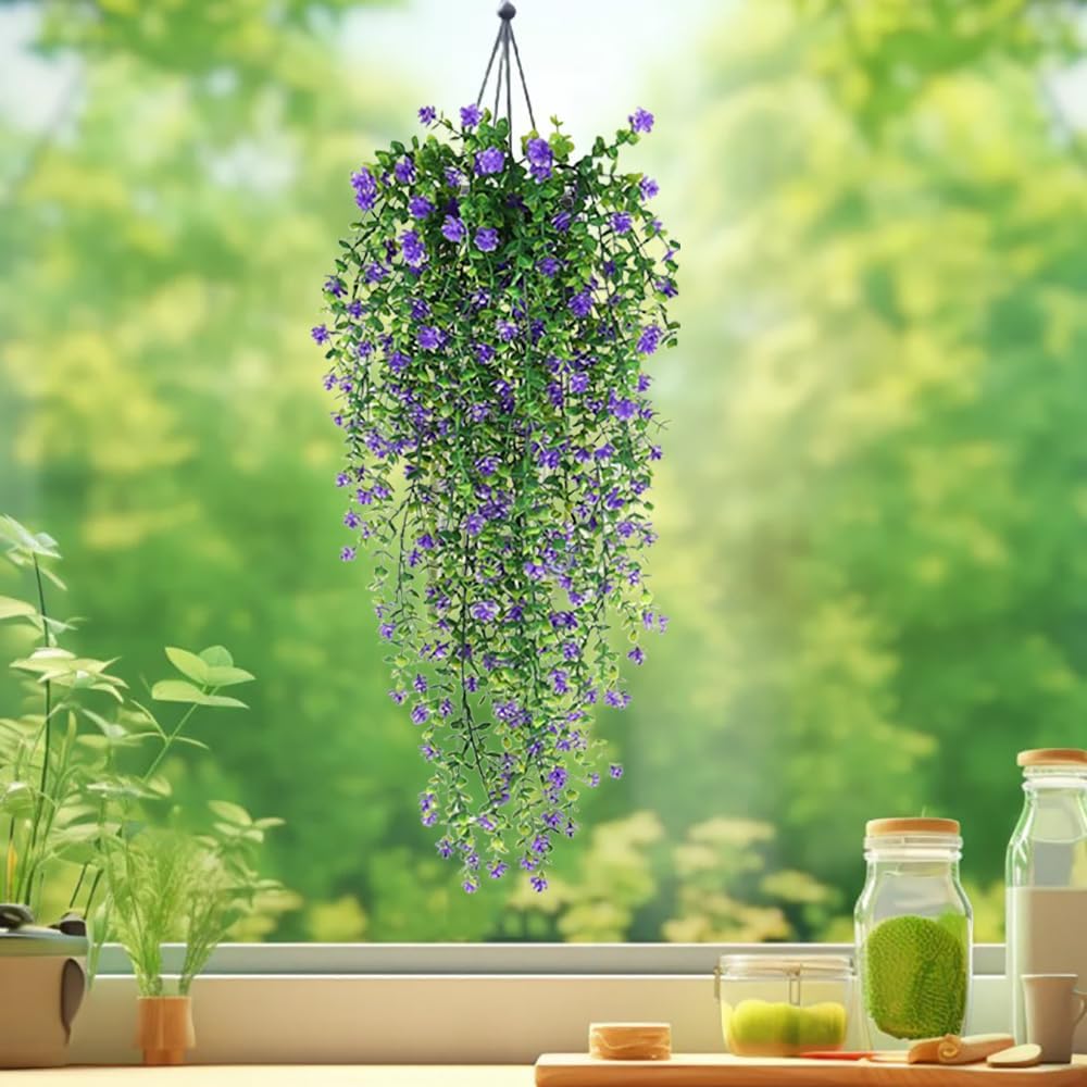 Artificial Hanging Flowers for Outdoor Indoor Decor , 6 packs Fake Eucalyptus Vine Faux Flower Greenery Garland Plastic Plants Outside UV Resistant Wall Garden Wedding Home Party Decor (Purple)