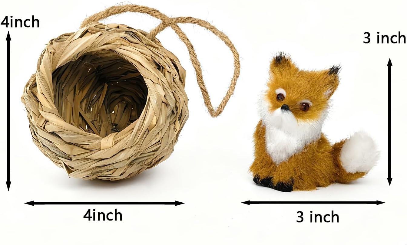 3D Forest Animals Ornaments for Christmas Tree Woodland Furry Animal Ornament Handmade Bird Nest with Plush Animals for Xmas Tree Faux Fur Animal Hanging Decoration Home (4inch Nest & Fox)