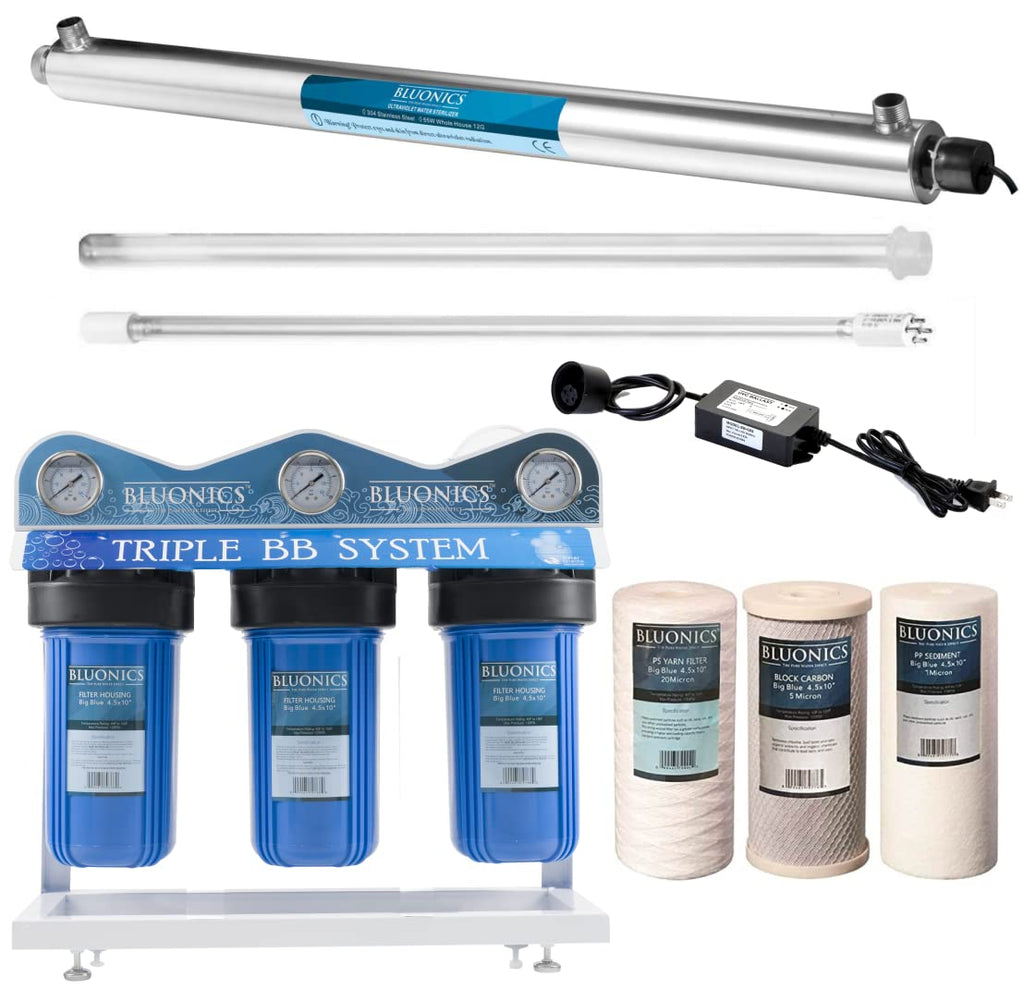 55W UV Ultraviolet Light Plus Sediment & Carbon Well Water Filter Purifier System with 3/4" Ports, 12 GPM UV with Bluonics Water Filter Housing System Size 4.5" x 10" Filters