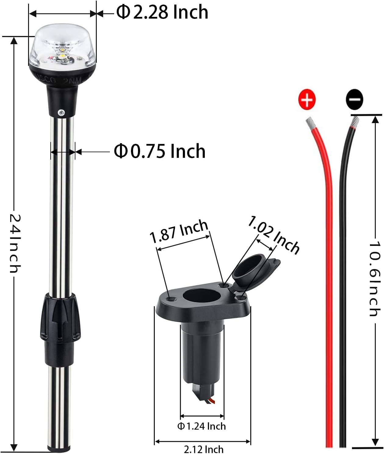 Stern Light For Boat Anchor Light Marine Navigation Lights Pole LED USCG 2 NM All Round White Removable 2 Pin 8-30 Volts 24 Inches (Plug In Base)