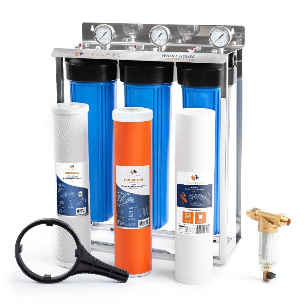 Aquaboon 3-Stage Whole House Water Filter System 20x4.5 inch with Prefilter & KDF, Sediment, Carbon Filters, Gauge & Release, Wrench, Freestanding Steel Frame
