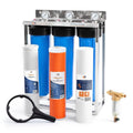 Aquaboon 3-Stage Whole House Water Filter System 20x4.5 inch with Prefilter & KDF, Sediment, Carbon Filters, Gauge & Release, Wrench, Freestanding Steel Frame