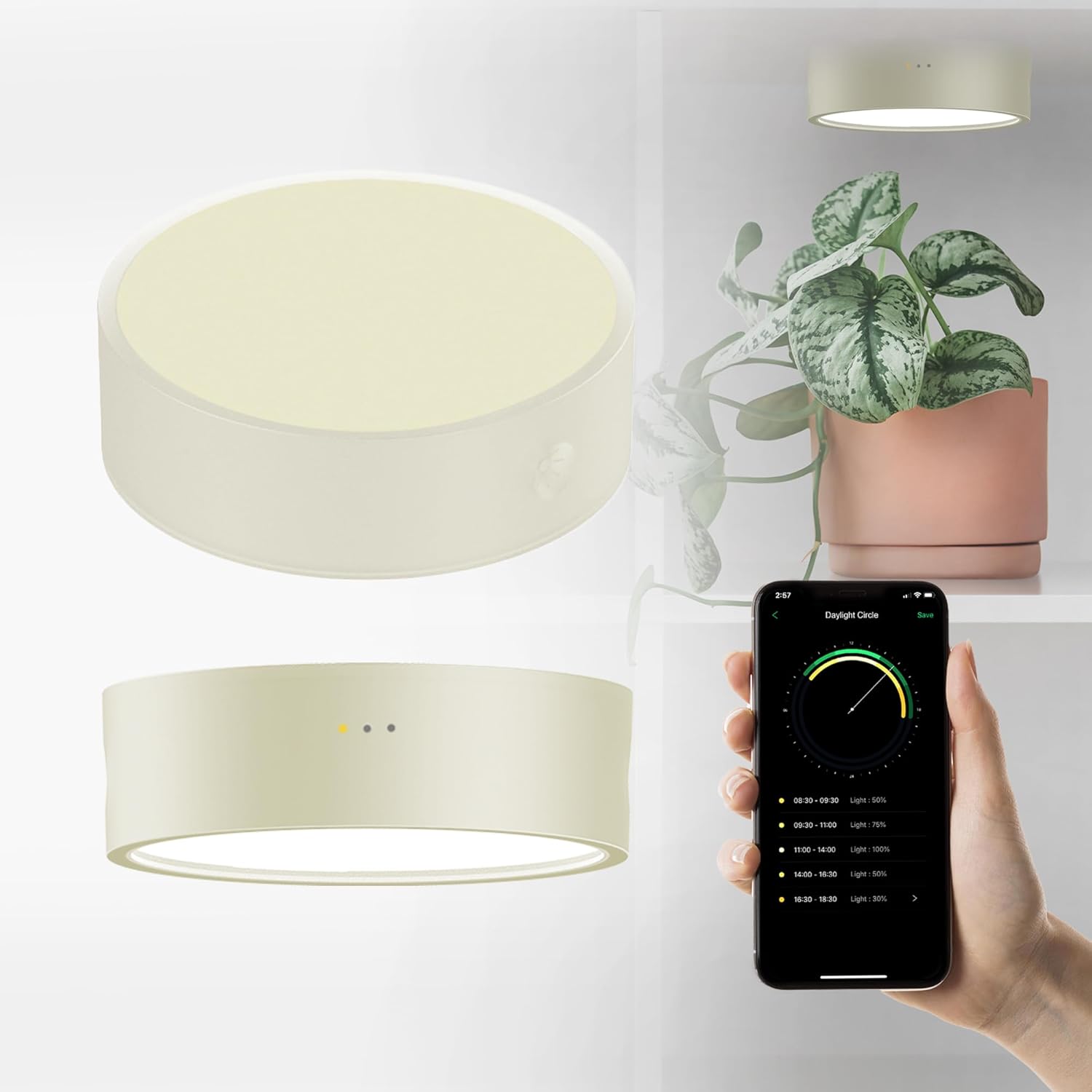 ONF Mist O+ App Controlled Via Bluetooth Magnetic Full Spectrum Grow Light, Colorfull LED Indoor Plant Light, Puck Light 4 Level dimmable 3 Color Temperature, Under Cabinet Grow Light, Beige