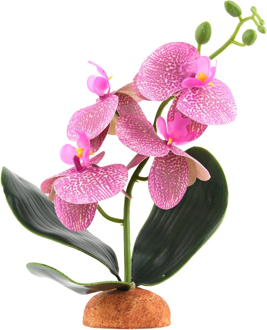 Fake Orchids Artificial Flowers, Reptile Terrarium Decor Plants, Bearded Dragon Tank Accessories fit Crested Gecko Leopard Lizard Chameleon Ball Python Snake Frog - Red