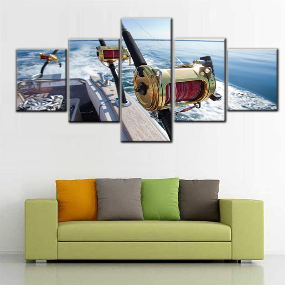 5 Piece Canvas Wall Art Fishing Reels and Rods Pictures for Living Room Premium Quality Angling Artwork White Sea Wave Paintings Bedroom House Decor Framed Gallery-Wrapped Ready to Hang(50''Wx24''H)