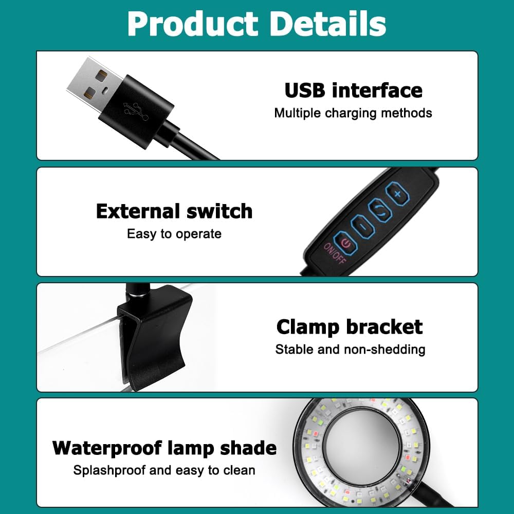 8W LED Clip Aquarium Light, Small Clip On Fish Tank Planted Light Adjustable 360° Dimmer Lighting for Small Fish Tank, Freshwater Tank, Planted Tank