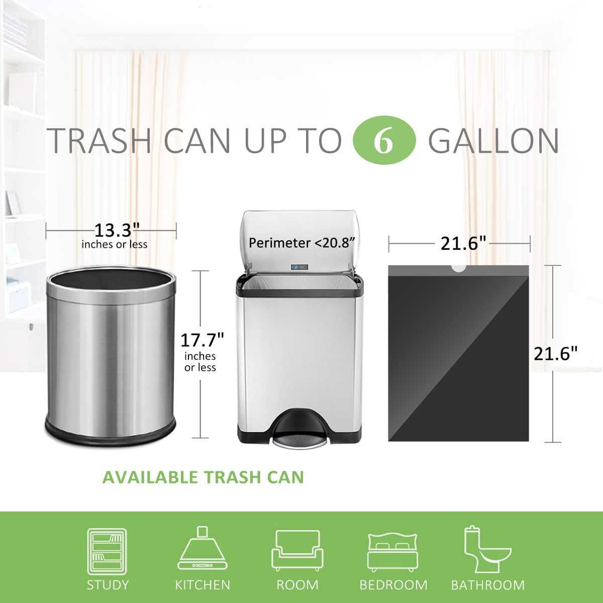 6 Gallon 120pcs Strong Drawstring Trash Bags Garbage Bags by Teivio, Bathroom Trash Can Bin Liners, Plastic Bags for home office kitchen, Black