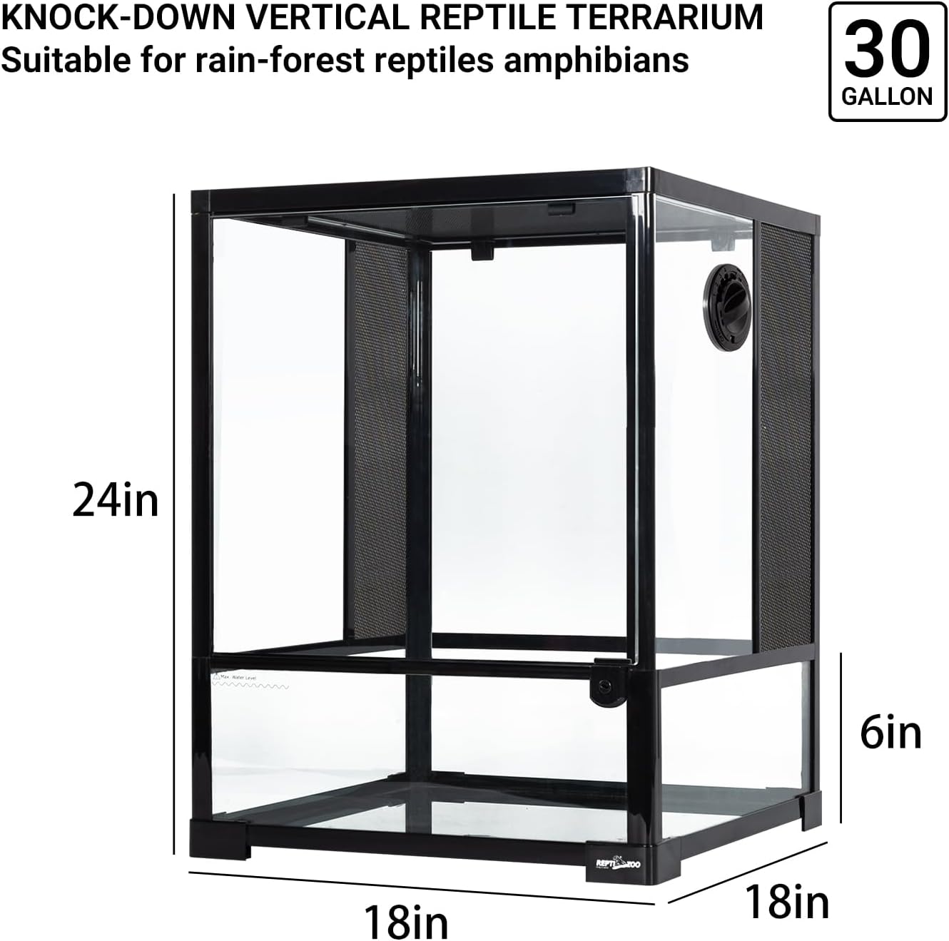 REPTI ZOO 30 Gallon Reptile Glass Terrarium, 18" x 18" x 24" Rainforest Habitat Tank with Front Opening Door, Knock-Down Vertical Reptile Terrarium with Top Screen & Side Mesh Ventilation