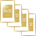 Homeforia 8x12 Picture Frame Gold, High End Metal 8 x 12 Poster Frames with Mat 6 by 8 for Photo, 12x8 Frame Matted to 6x8 inch Print, 8by12 Wall or Tabletop Frames, Tempered Glass, Wall Kit, Set of 4