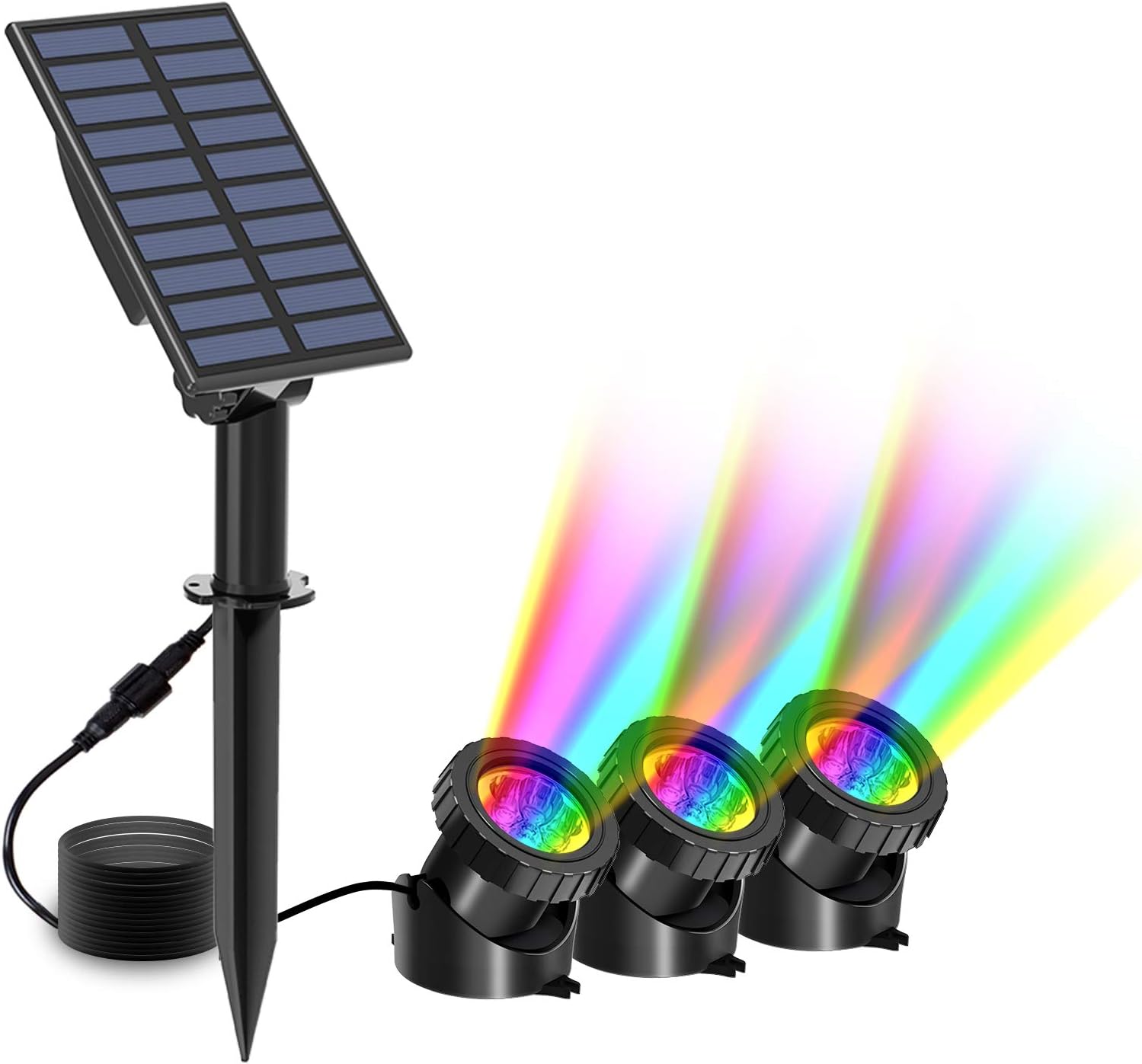T-SUN Solar Pond Lights, 3 in 1 RGB Color Changing Underwater Pond Lights, Outdoor Waterproof LED Landscape Spotlights for Fish Tank Garden Yard Pool Pond Fountain Waterfall Decoration(3 Head Lamp)