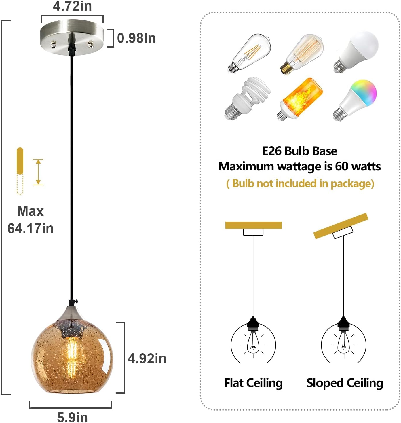 Amber Glass Pendant Lights Kitchen Island Globe Pendant Light Fixtures Modern Pendant Lighting for Bedroom Living Dining Room Light Fixture (5.9 in, 2 Pack)