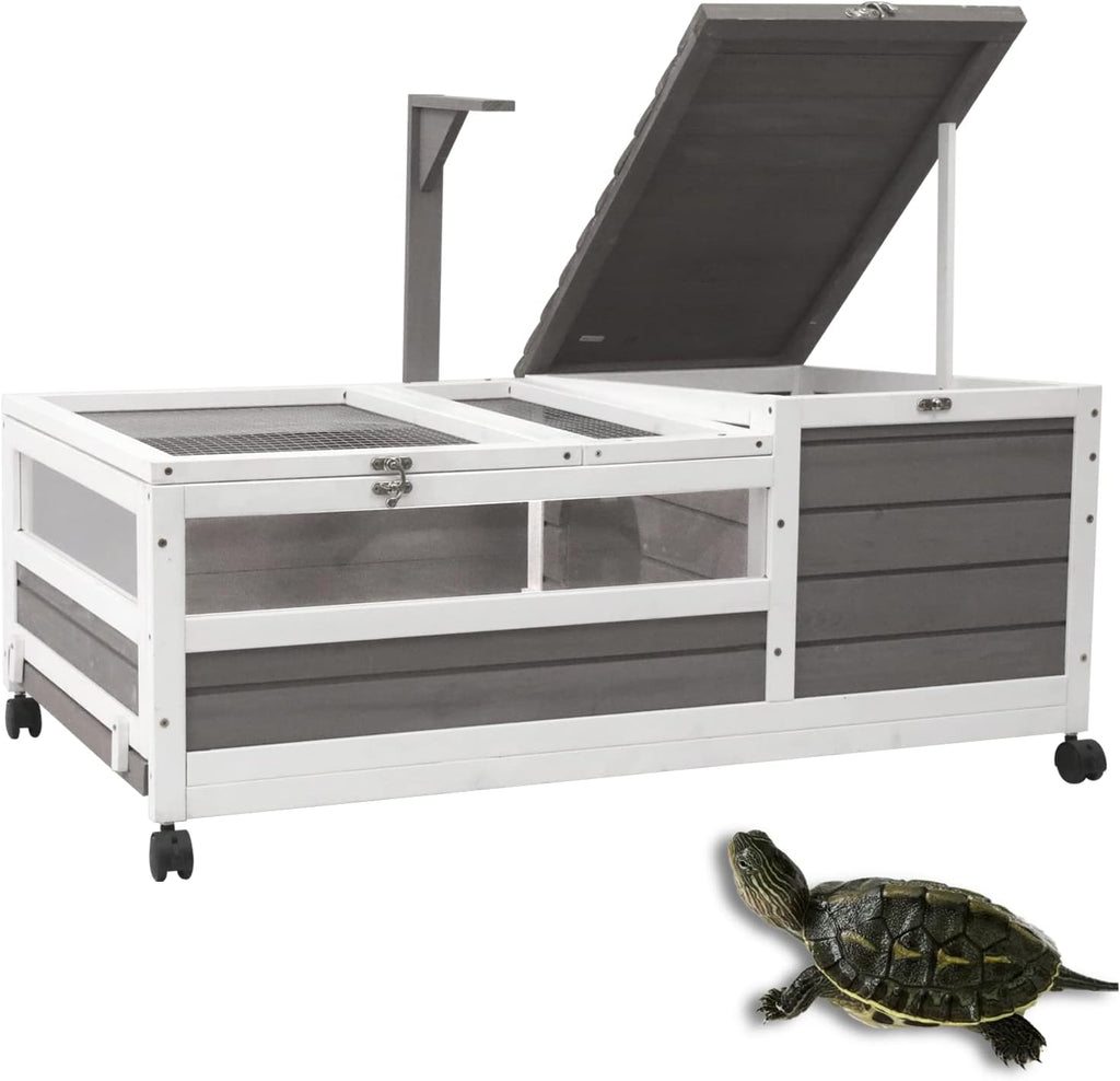 PetsCosset Tortoise Habitat Wooden Tortoise House, Indoor Turtle Enclosure Outdoor Reptile Cage with Removable Bottom, Light Support, Openable Roof