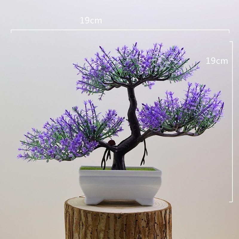 Mini Artificial Bonsai Tree Plants Artificial Plant Welcome Pine Tree with Plastic Cement Pots for Home Office Décor (Purple)