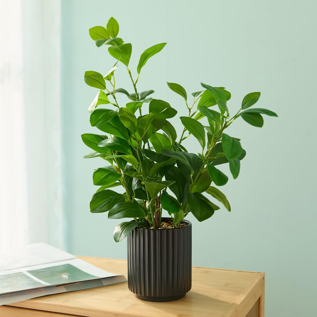 16 inch Artificial Plants Indoor Realistic Touching Evergreen Leaf Fake Plant with Creamic Black Pot for Home Office Living Room Bathroom Office Table Bookshelf Decor