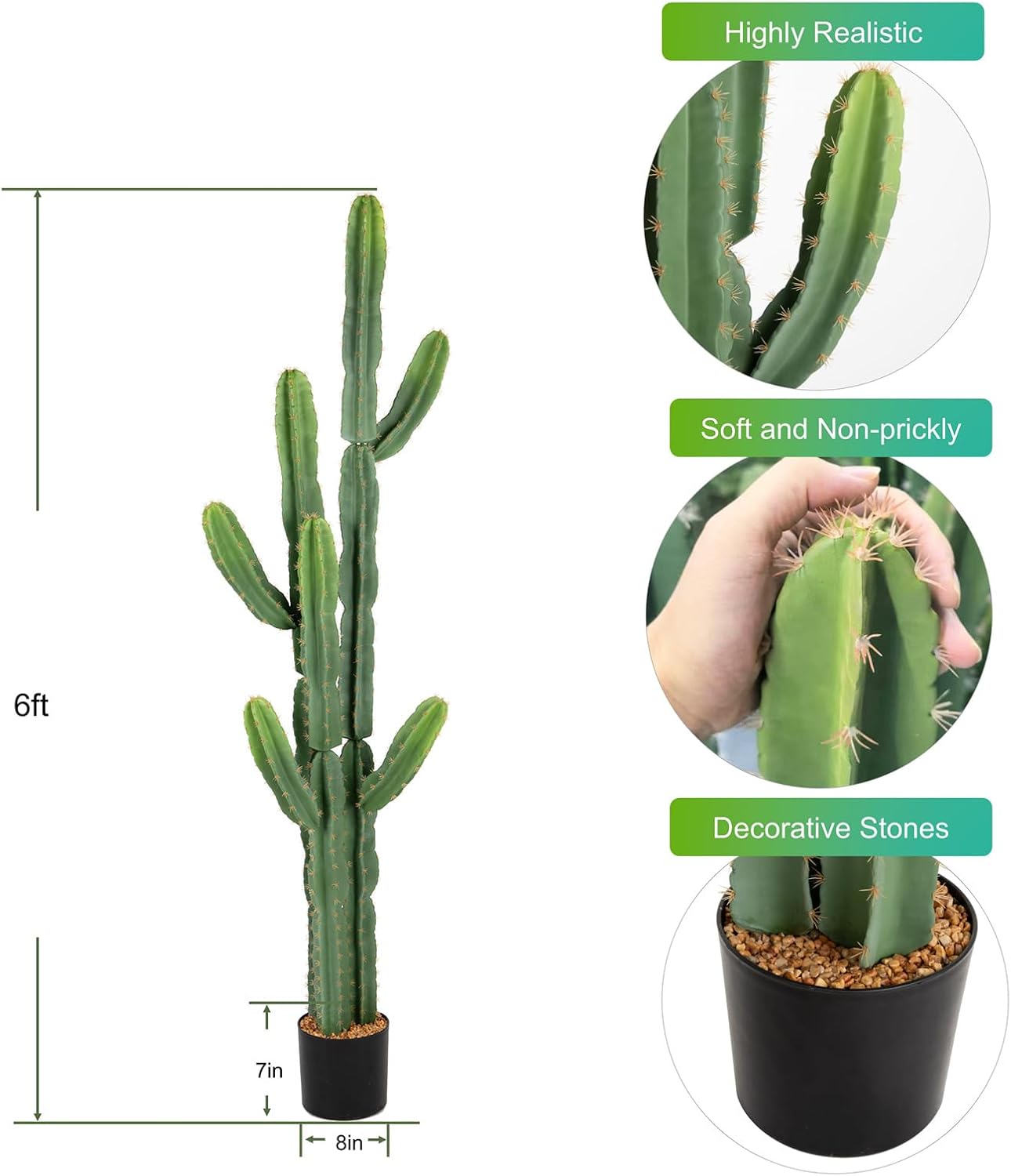 UV-Resistant Artificial Fake Cactus Plants 6ft – Large Faux Cowboy Cactus for Indoor & Outdoor Home, Office, or Garden Decor