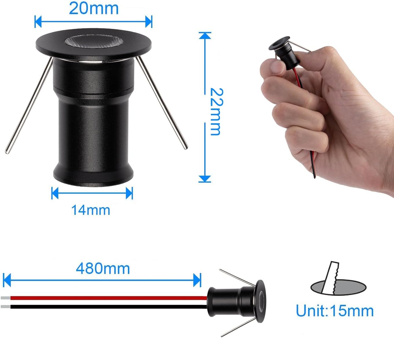 902 30°Led Mini Spotlight DC12V 1W,Suitable for bookcases,cabinets,and Various Display cabinets as Decorative Lights,Embedded Installation,Soft Lighting,with Power Supply (4000K,Black,9Pack)