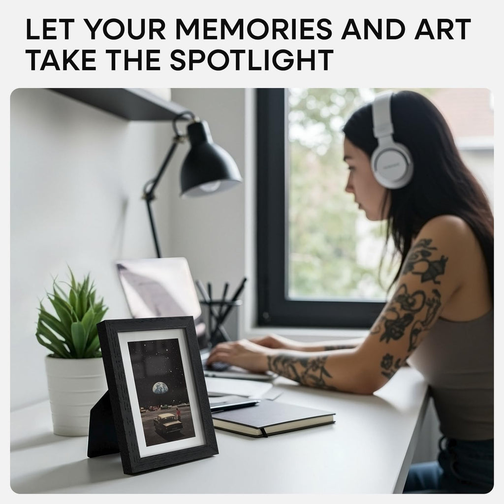 Homeforia 4x6 Picture Frame Black Wood, High End Oak 4by6 Black Wooden Frames with Mat 3x5 Print, 4 x 6 Frame Matted to 3 x 5 inch Photo, 6x4 Wall or Tabletop Frame, Tempered Glass, Wall Kit, Set of 2