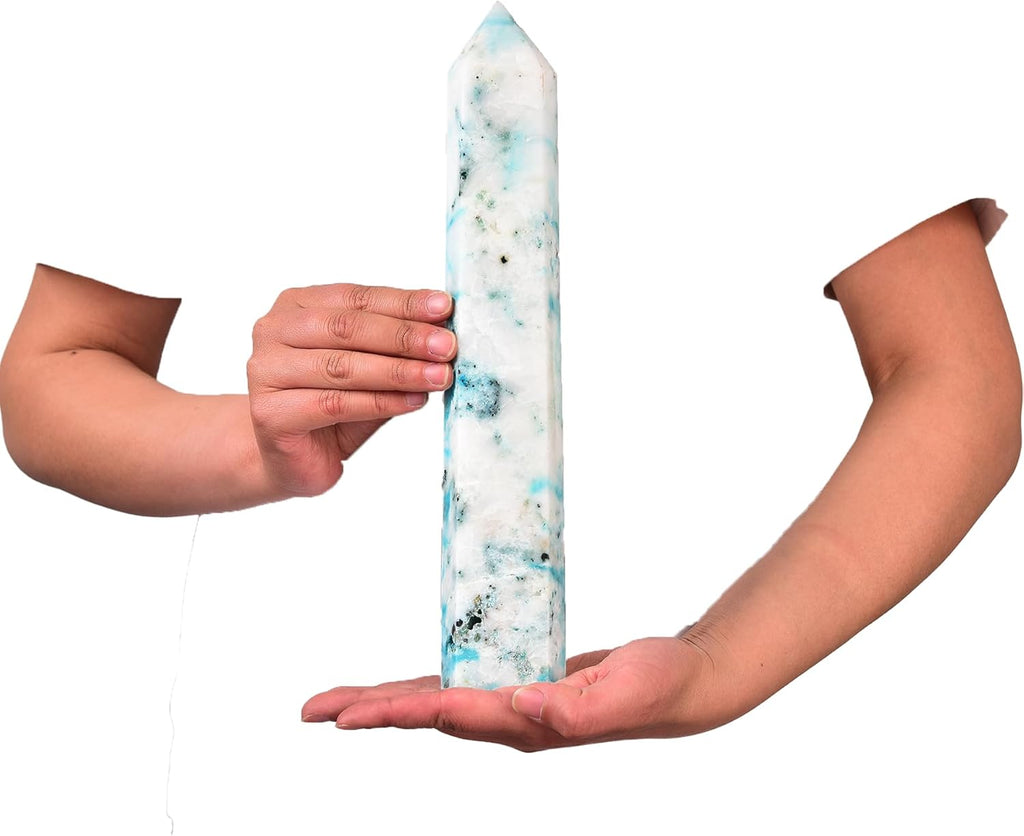 JIC Gem Natural Large Phoenix Pine Obelisk Quartz Crystal Wand Tower Point 6 Faceted Column Chrysocolla Crystal Healing Wand Reiki Decor 1.7-2.2 Lbs