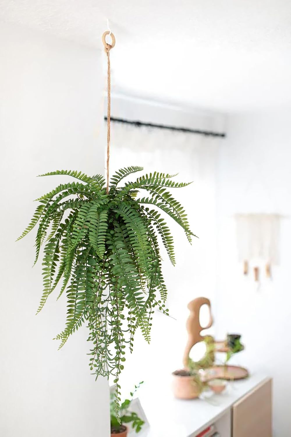 Large Fake Hanging Plants Mixed Fern Faux Hanging Plants Realistic Fake Plants with Hemp Rope Moss Artificial Hanging Plants Indoor for Home Bedroom Bathroom Porch Wall Window Sill Decor