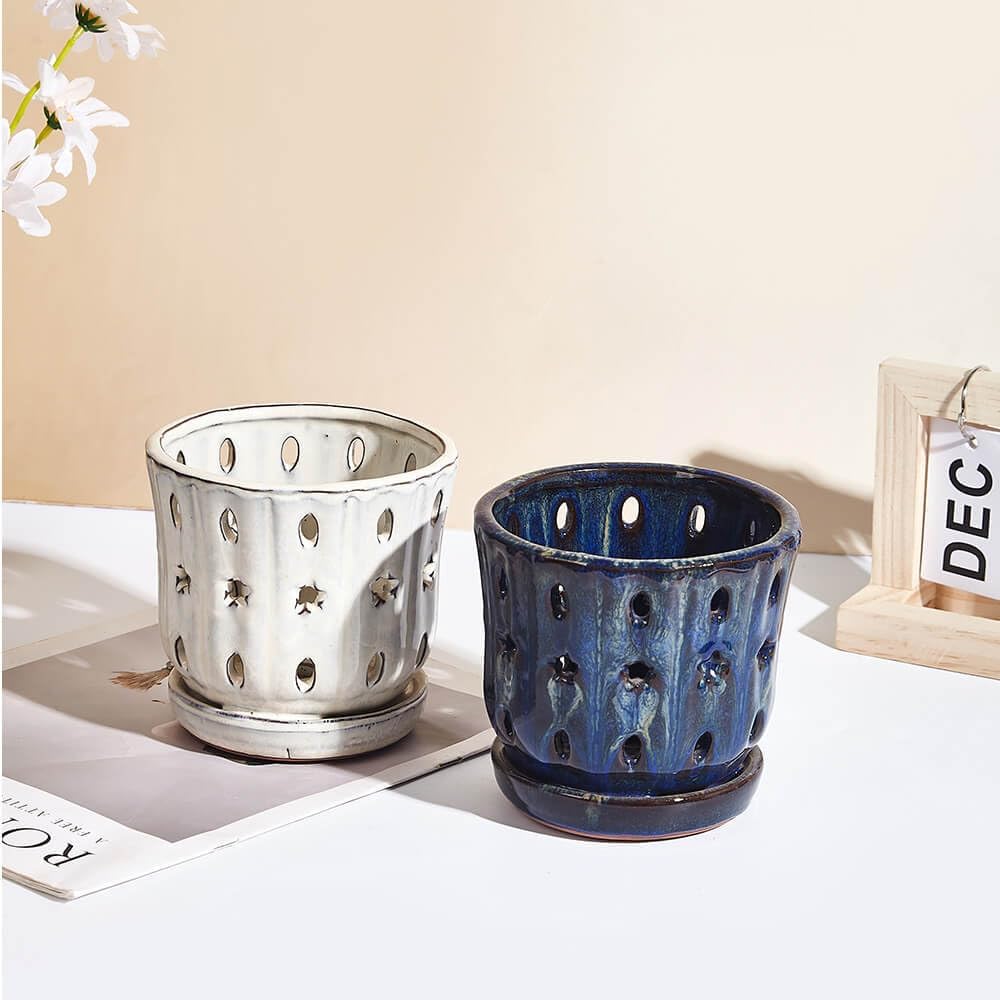 Orchid Pots with Holes Attached Saucers 5 Inches - 2 Pcs Small Ceramic Pots for Repotting, Decorative Ceramic Orchid Planter with Hole for Healthy Root Growth (White and Blue)