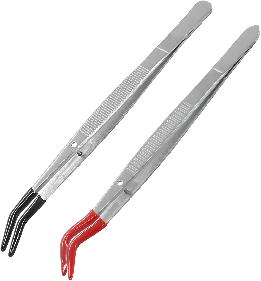 2 Pack Curved Tweezers, Silicone Rubber Bent Tip PVC Coated Soft Tip Tweezers, Non Marring Stainless Steel Tools for Jewelry Crafts/Electronics