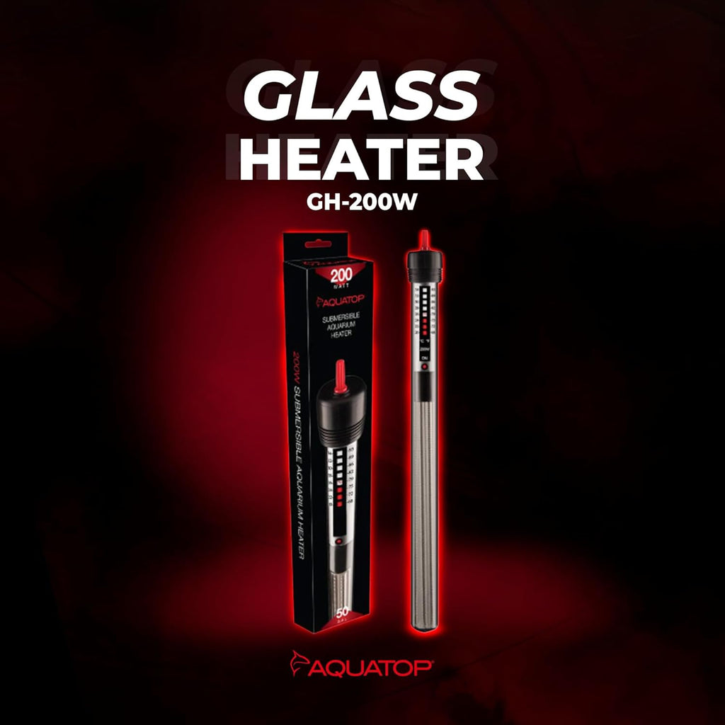 Aquatop 200W Submersible Aquarium Glass Heater – Adjustable Temperature for Tanks Up to 50 Gallons, Freshwater & Saltwater Use, GH-200