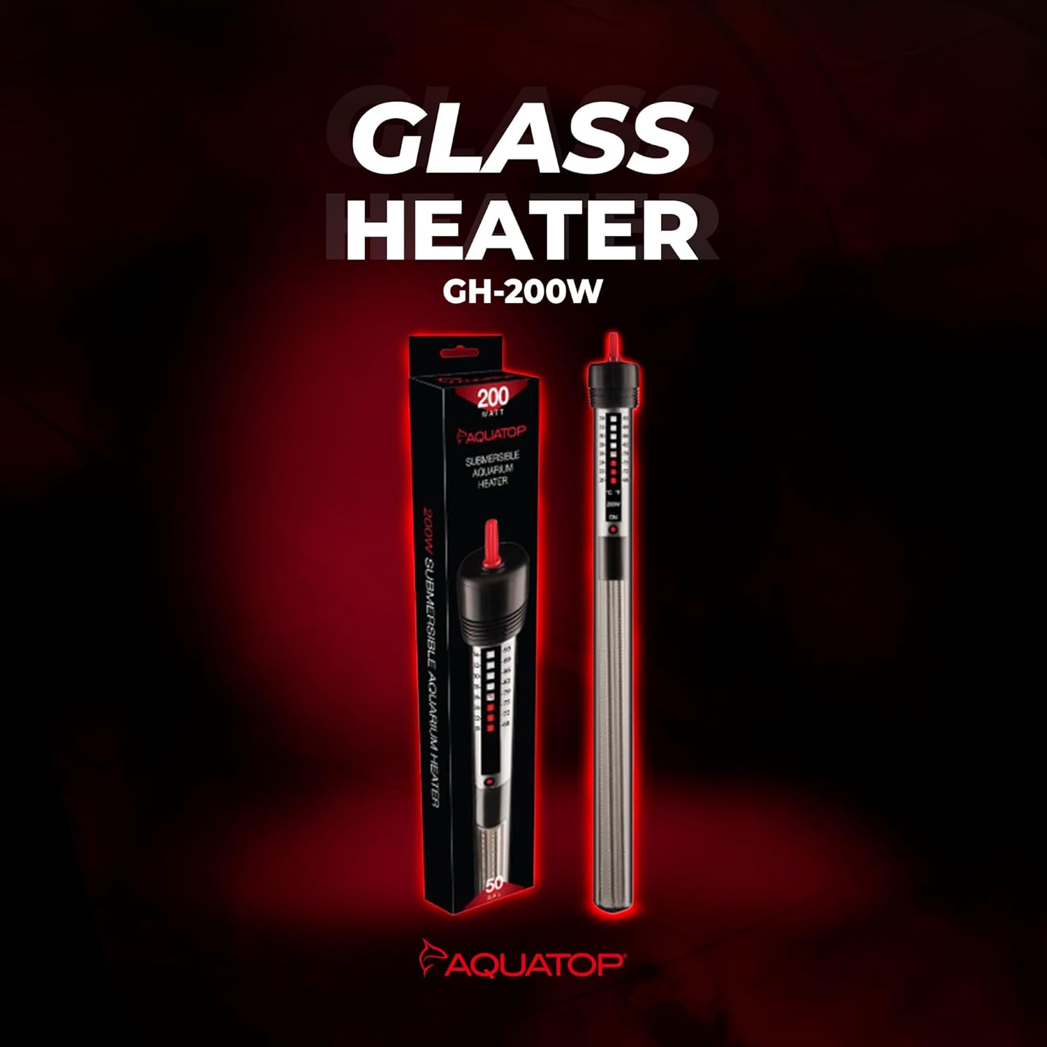 Aquatop 200W Submersible Aquarium Glass Heater – Adjustable Temperature for Tanks Up to 50 Gallons, Freshwater & Saltwater Use, GH-200
