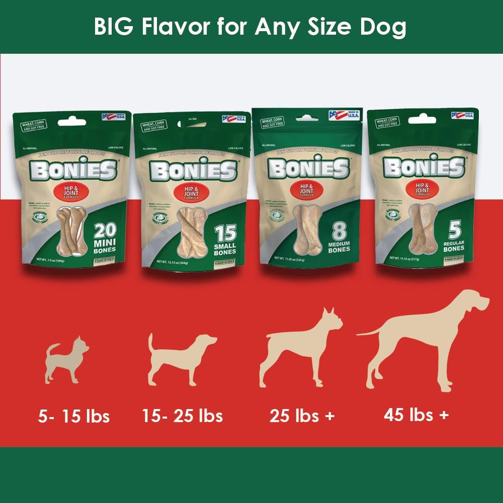 Bonies Natural Hip & Joint Formula Small-Sized Single Bone, Glucosamine & Omega Fatty Acids, Fresh Breath, Clean Teeth, Low Calories, Chicken Flavor, Small Dogs, 20 Bones