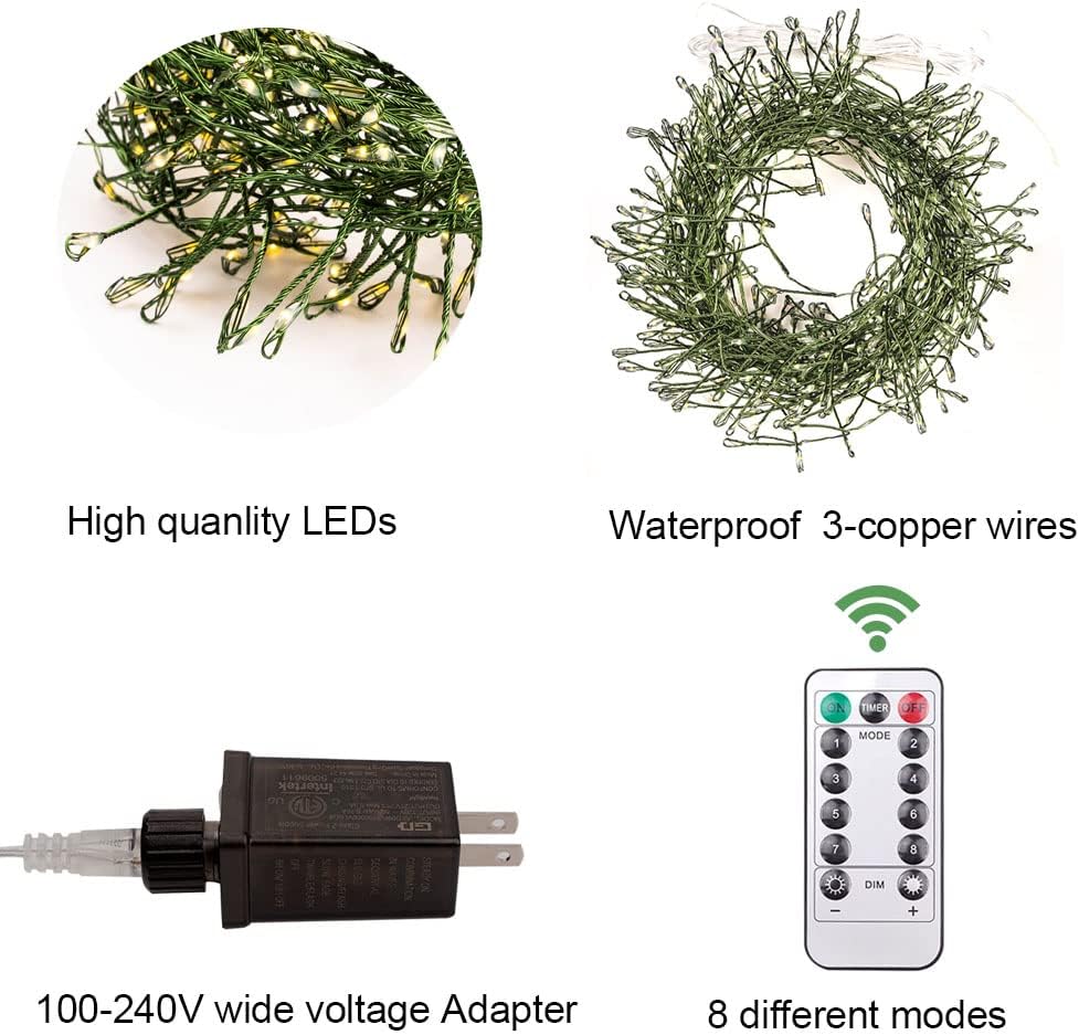 Firecracker Fairy Lights Plug in,50ft 500LEDs Green Wire Cluster String Lights,Waterproof 8 Modes Remote Twinkle Light for Outdoor Indoor Garden Bedroom Christmas Tree Holiday,Warm White