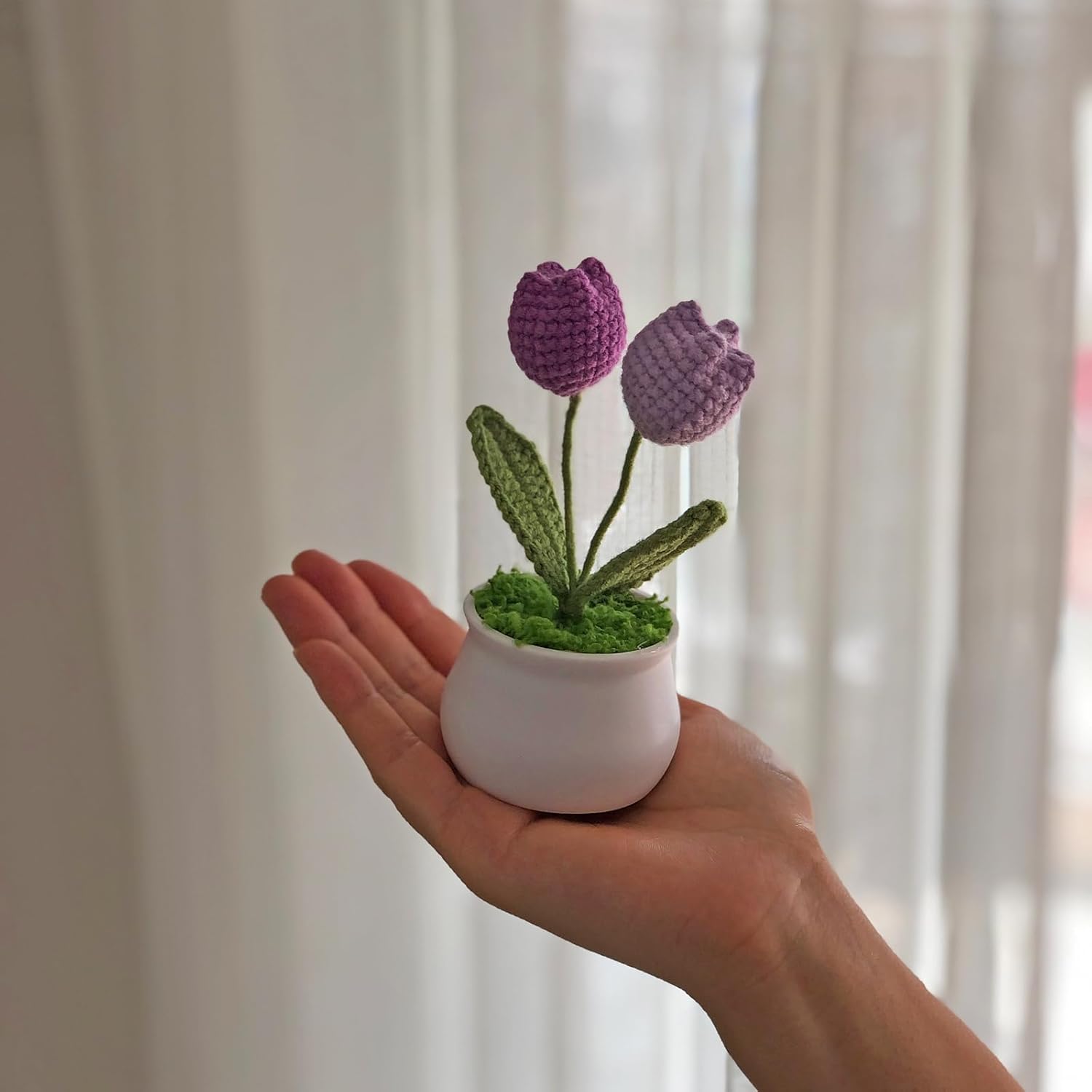 Crochet Flowers Cute Little Potted Flower, Gift for Birthday, Teacher’s Day, Graduation, Anniversary, Christmas, Decor for Car Dashboard,Home Office Decoration (Purple Gradient Tulips)