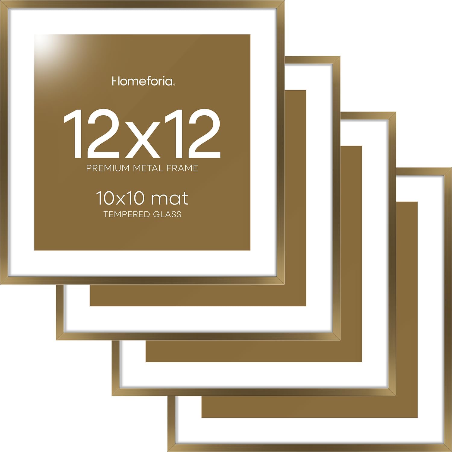 Homeforia 12x12 Picture Frame Bronze, High End Metal 12 x 12 Square Poster Frame with Mat 10 x 10 Photo, 12x12 Brass Frame Matted to 10x10 Print, 12by12 Thin Frames, Tempered Glass, Wall Kit, Set of 4