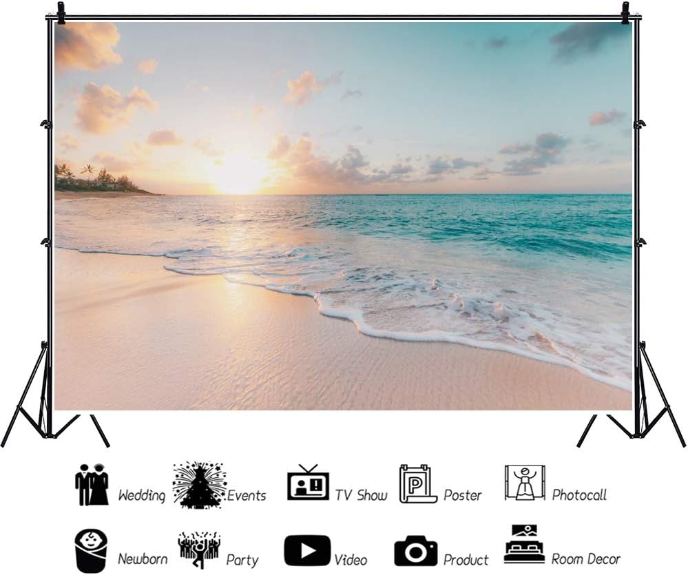 Leowefowa 5x3ft Sea Beach Backdrop Seaside Beach Sunrise Sea Wave Outdoor Scenery Wedding Photography Backdrops for Photo Shoots Party Adult Personal Portrait Photo Background Studio Props