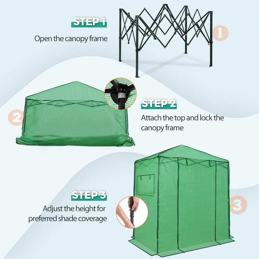 EAGLE PEAK Instant Pop-up Greenhouse, Indoor Outdoor Plant Gardening Green House, Roll-Up Zipper Doors and Side Windows, Walk in 6x4 ft, PE Cover, Green/Clear