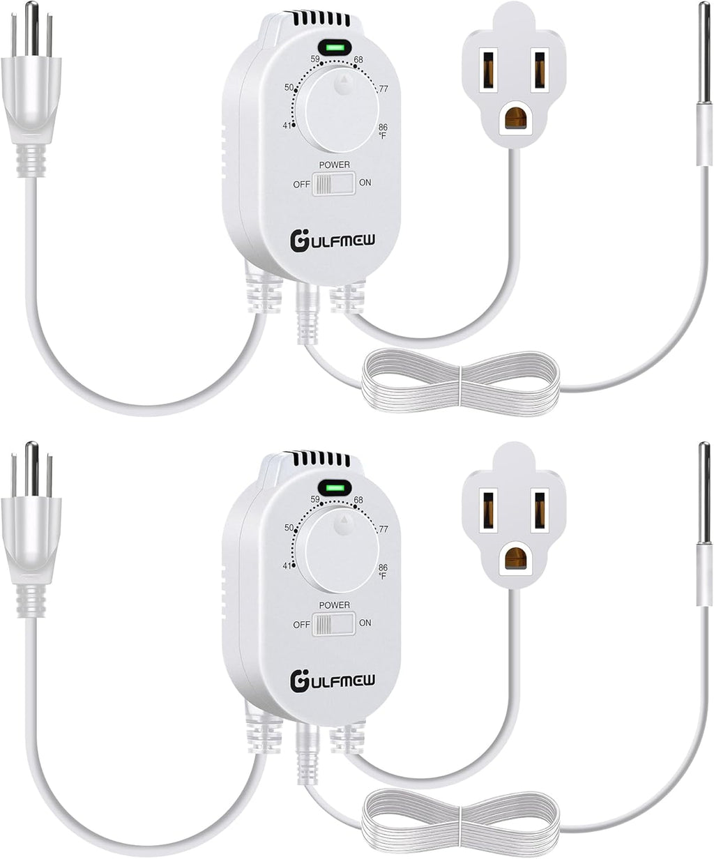2 Pcs Thermostat Outlet for Heater, Temperature Controller Outlet with 4.9FT Power Cord, Heating and Cooling Thermostat Outlet with Temperature Probe for Space Heater, Greenhouse Fan (White)
