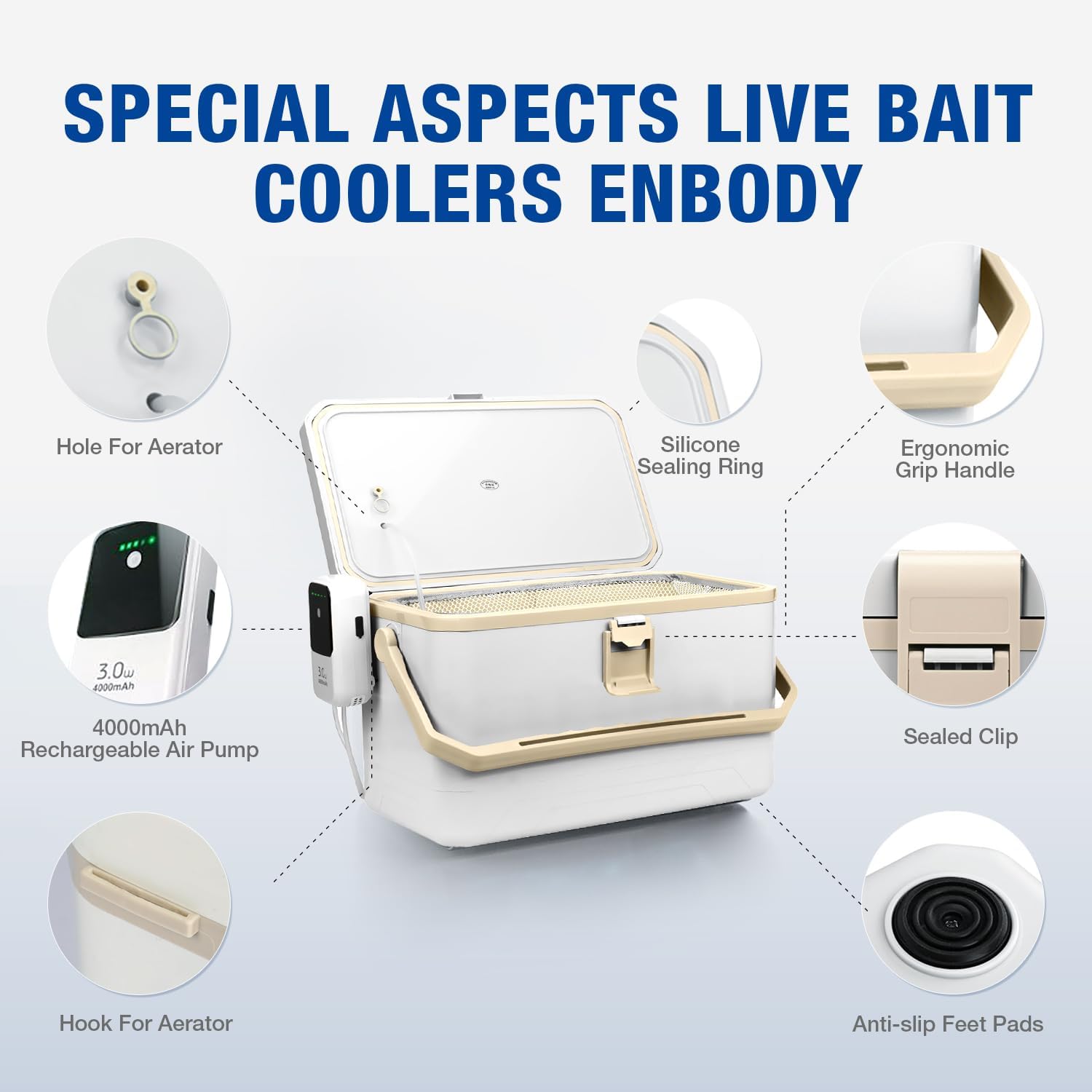Ghosthorn Fishing Cooler 11QT/15QT Live Bait Cooler with 4000mAh Rechargeable Aerator for Fishing,Bait Bucket for Live Fish Shrimp,Portable Minnow Bucket for Boat Outdoors