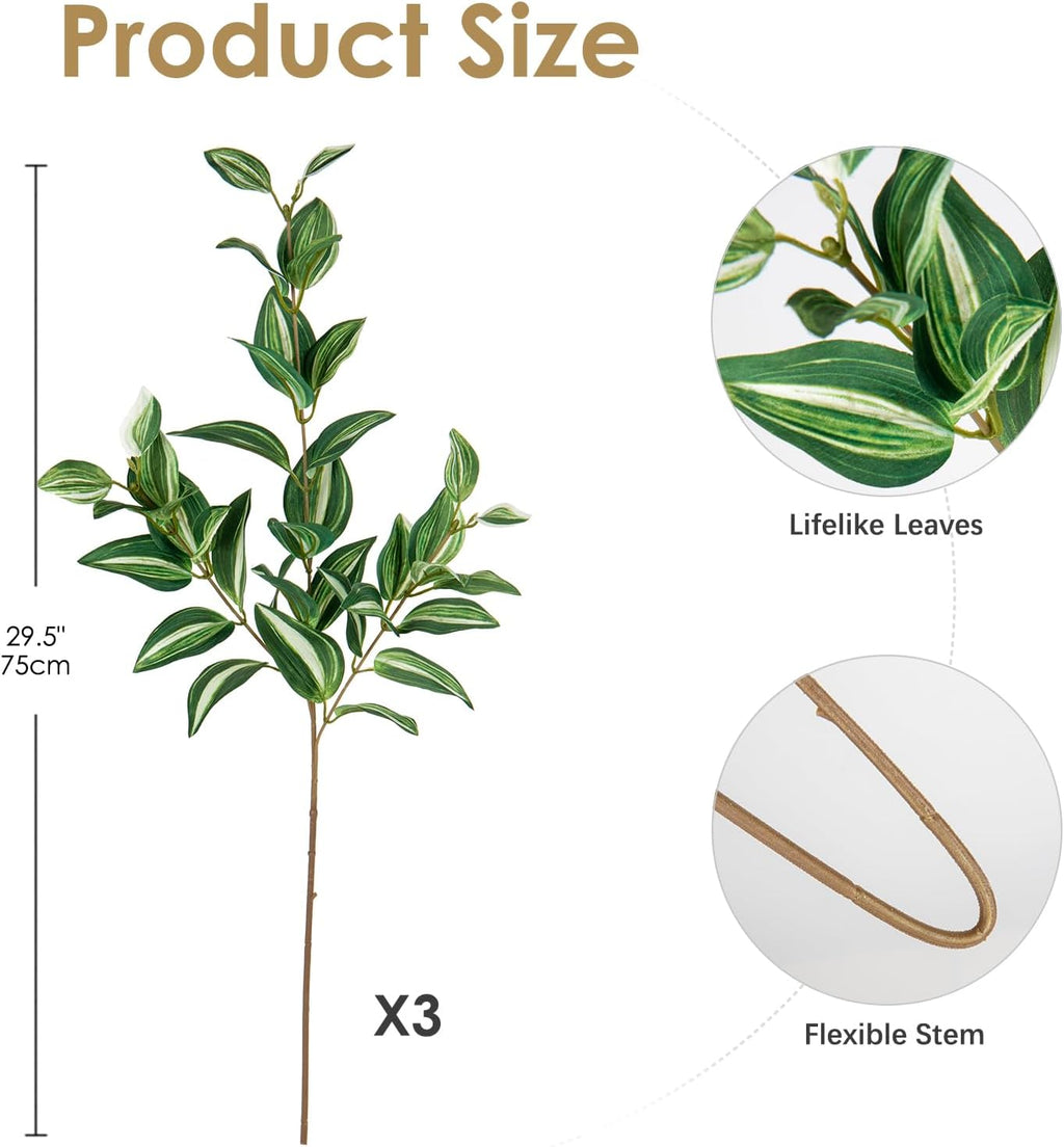 Hollyone 3Pcs Artificial Greenery Stems Faux Branches for Vase Tradescantia Zebrina Fake Leaves Branches 29.5 inch Long Stems Plants Leaf Bushes for Party Wedding Wall Indoor Outdoor Home Decor Green