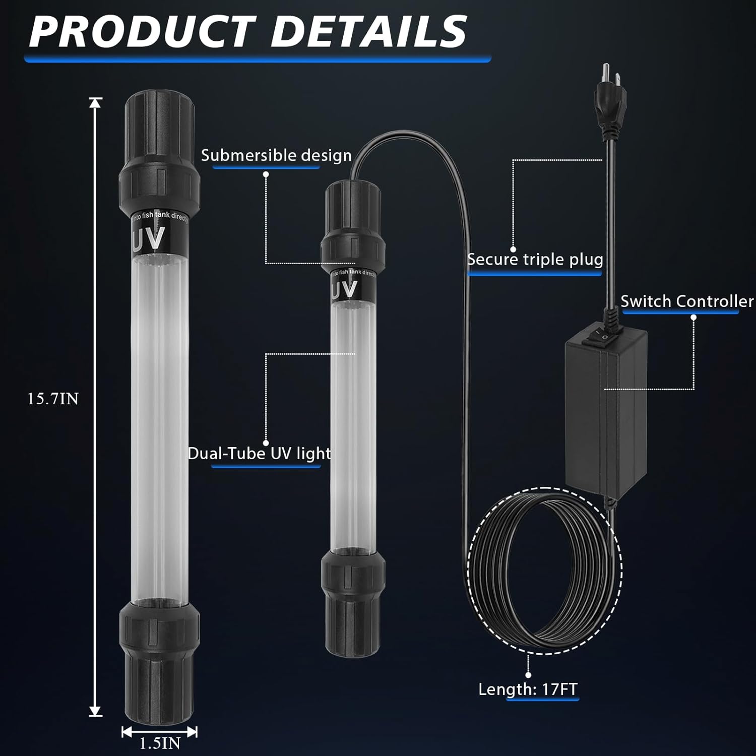 32W UV Submersible Aquarium Light for 100-2000 Gallon，Aquarium UV Light Water Clarifier for Pond, Pool, Hot Tub & Cold Plunge with Fish Tank Control