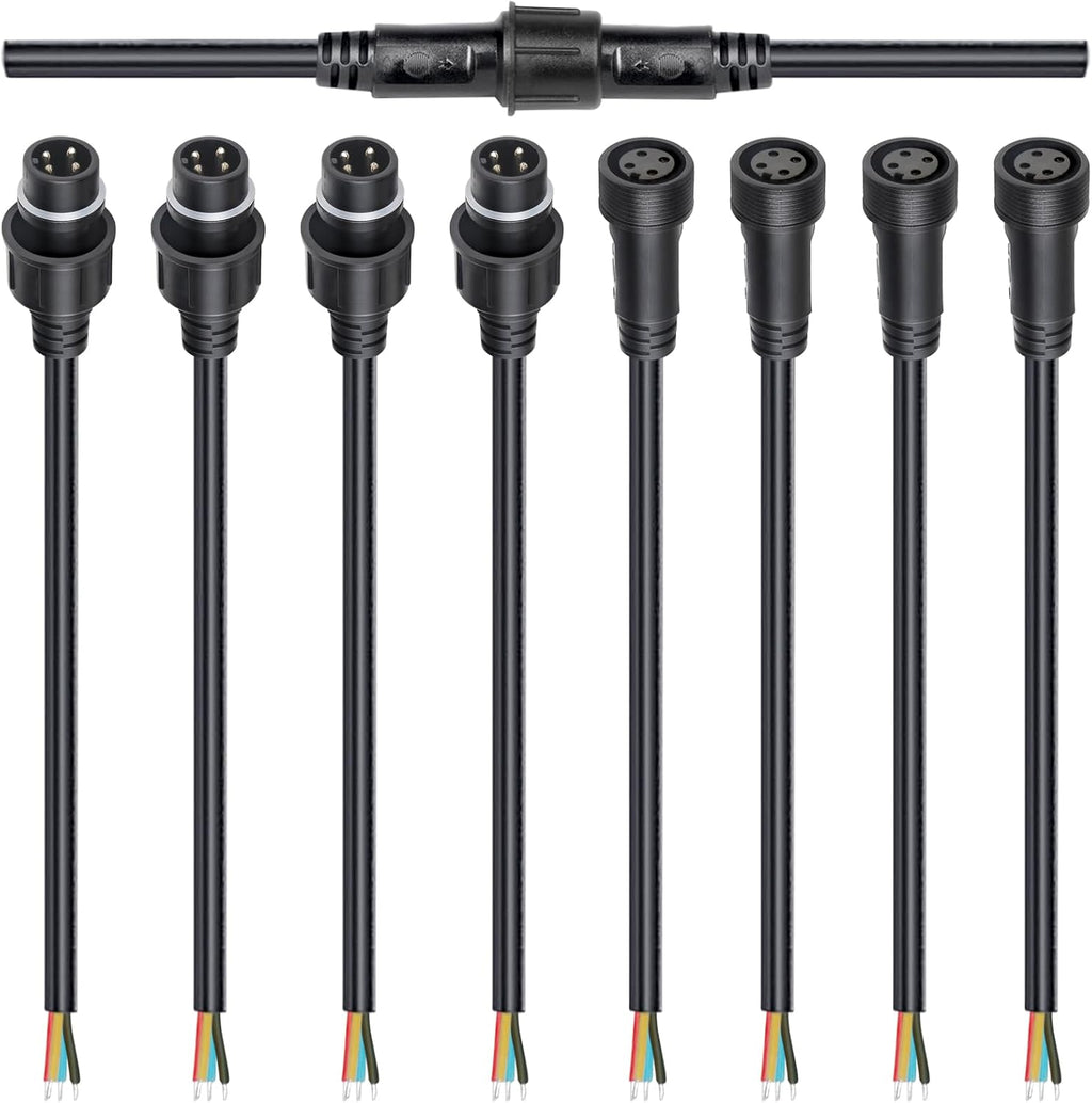 MAD OWL 4-Pin Waterproof LED Wire Connector Kit, 18 AWG 11inch/28cm Male Female Connectors with Tin Plated Joint for Various Waterproof Wires DIY (4 Set Black)
